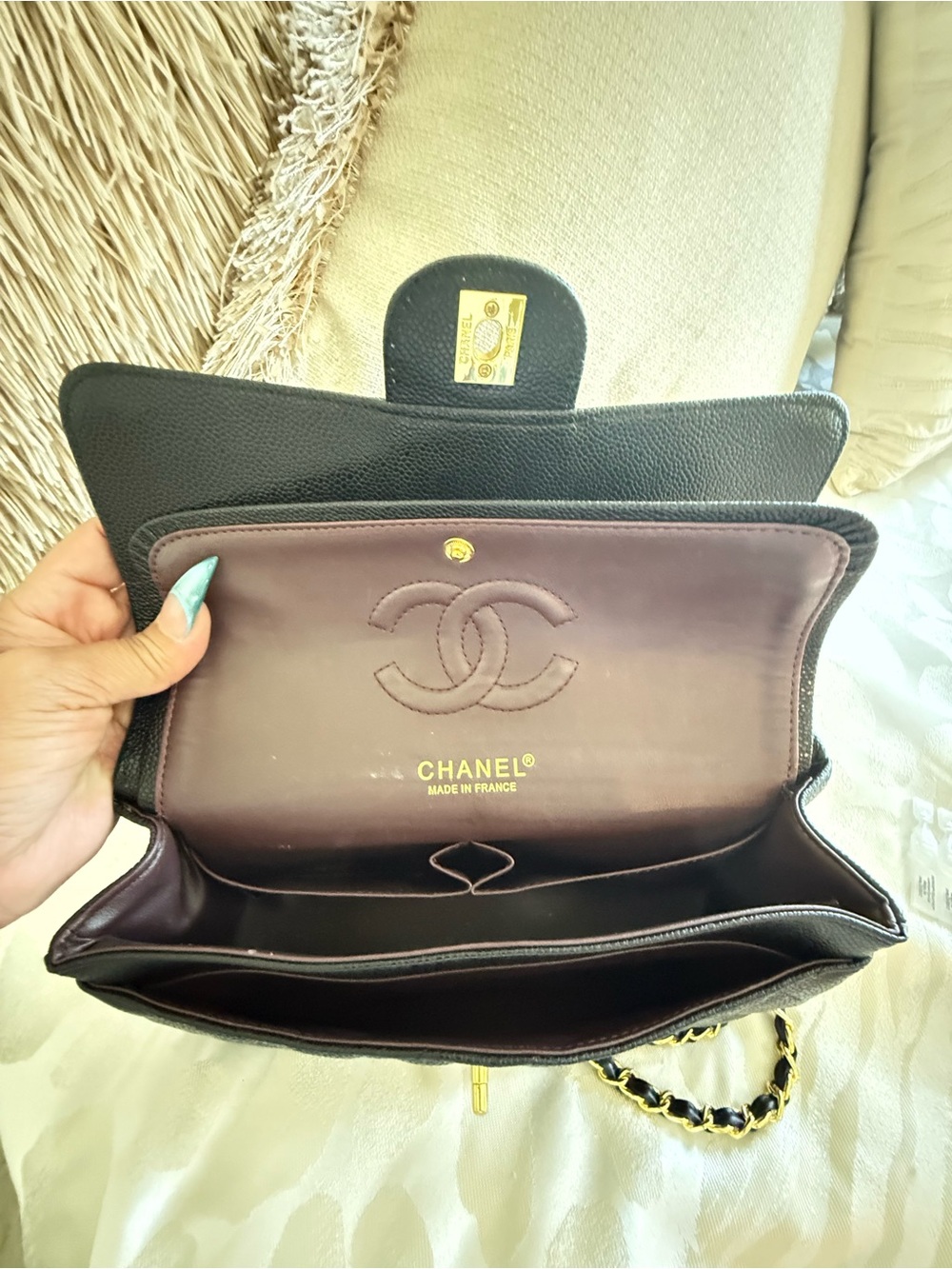 Black Quilted Caviar Leather Shoulder Bag with Shiny Gold Hardware - Picture 12 of 14